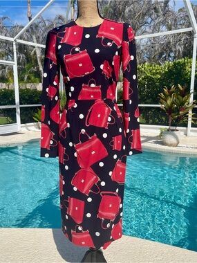 Dolce and Gabbana Black Dress with Red Handbag Print and Polka Dots